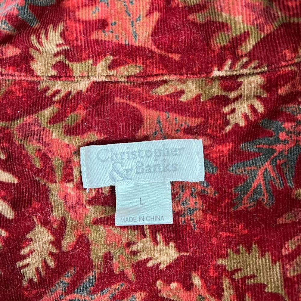Christopher & Banks Fall Leaves, Corduroy, Large, Button-Up, Long-Sleeve, Red